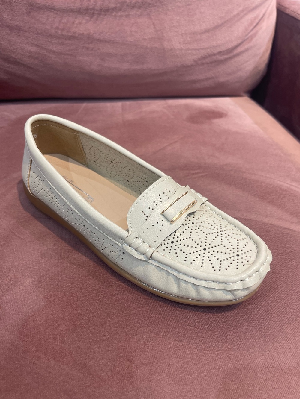 Perforated Cream Penny Loafer Flats with Metallic Accent